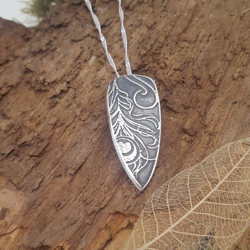 Fine silver peacock feather detail pendant - Anna Ancell Jewellery