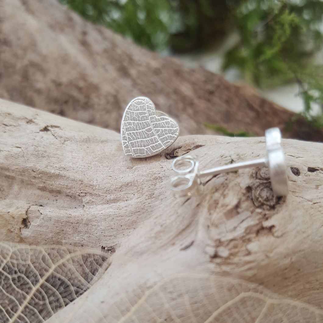 Fine silver leaf textured mini heart earrings - Anna Ancell Jewellery