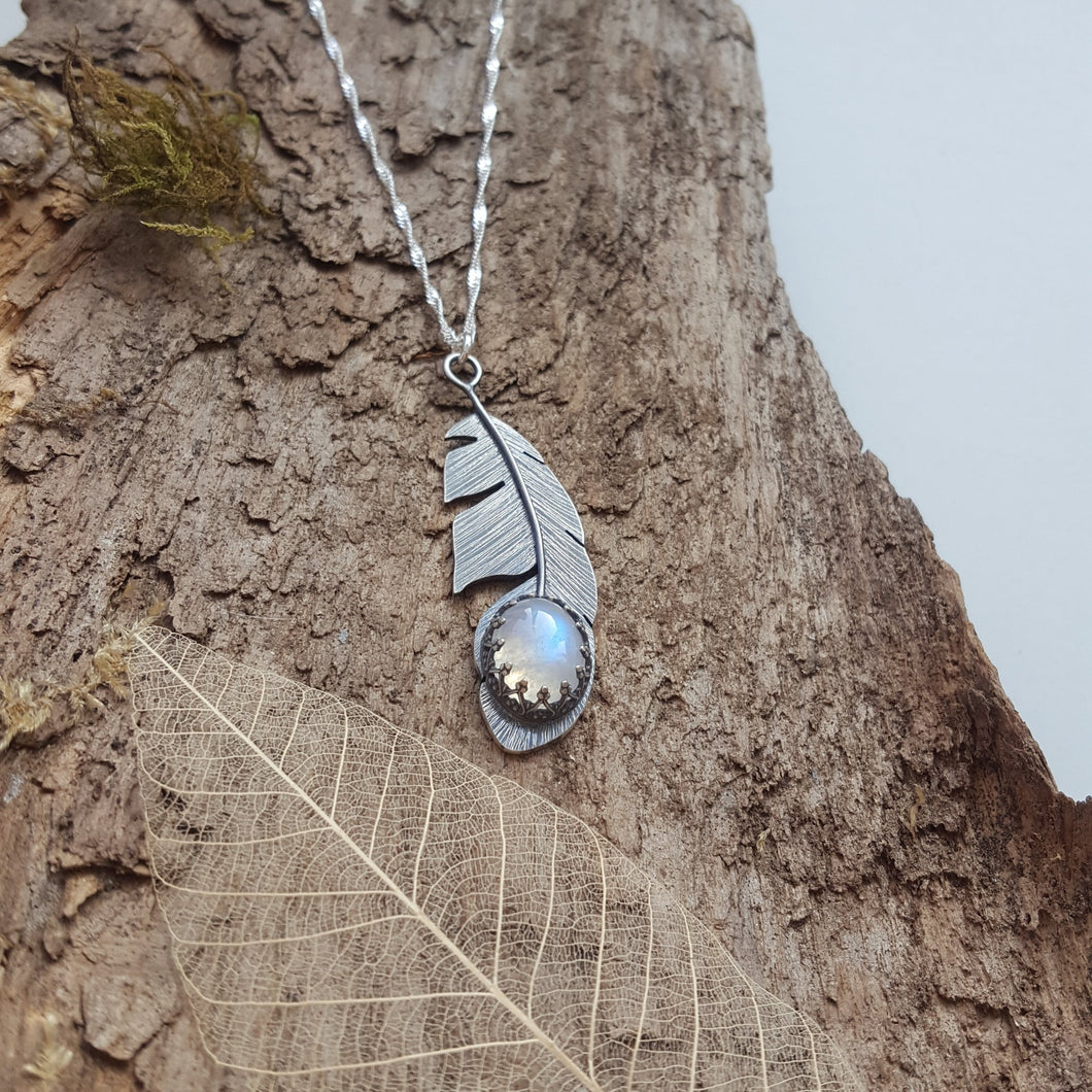 Sterling silver feather pendant with a stunning moonstone gemstone - Anna Ancell Jewellery