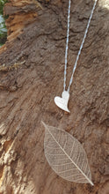 Fine silver elongated heart pendant with a leaf vein texture - Anna Ancell Jewellery