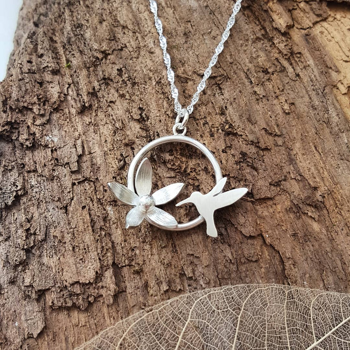 Sterling silver Hummingbird and flower pendant - Anna Ancell Jewellery
