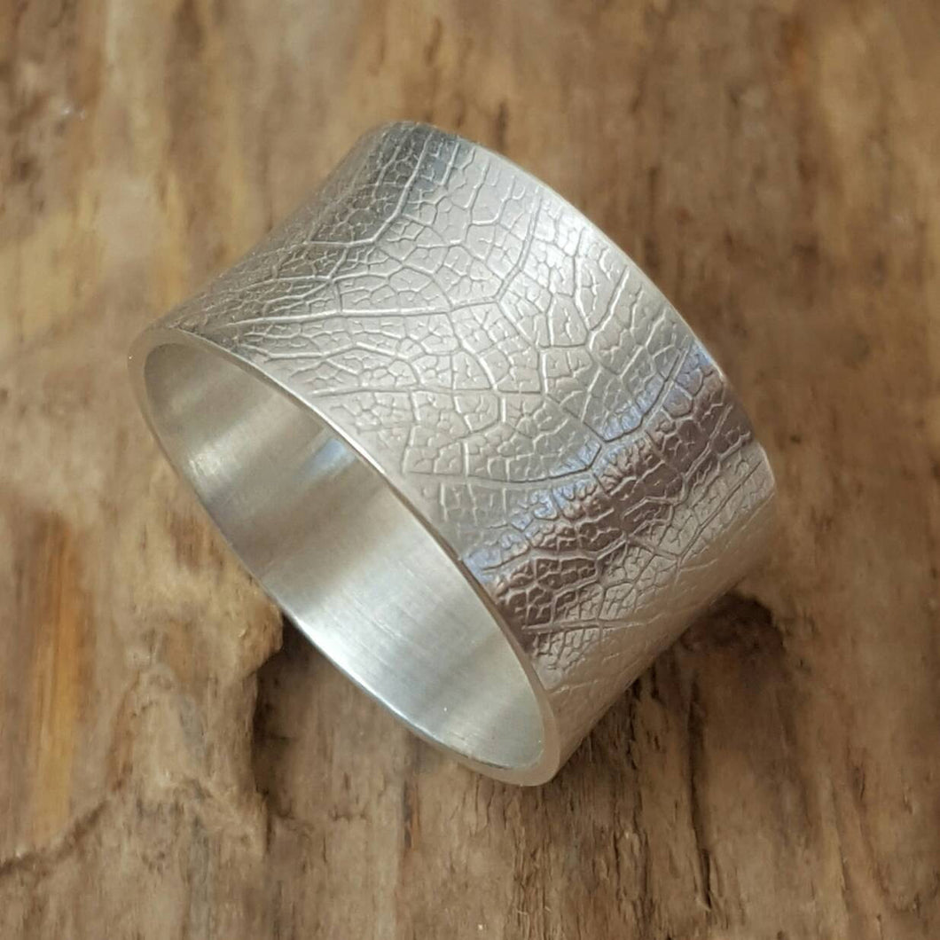 Sterling Silver wide leaf textured ring - Anna Ancell Jewellery
