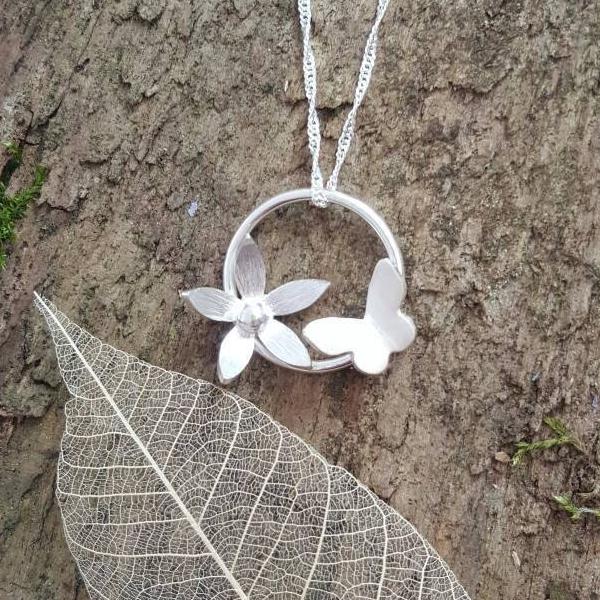 Sterling silver Butterfly and flower pendant - Anna Ancell Jewellery